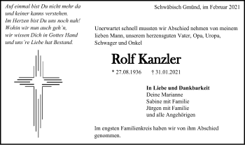 Traueranzeige von Rolf Kanzler von Gmünder Tagespost