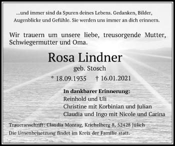Traueranzeige von Rosa Lindner von Schwäbische Post