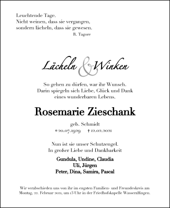 Traueranzeige von Rosemarie Zieschank von Schwäbische Post