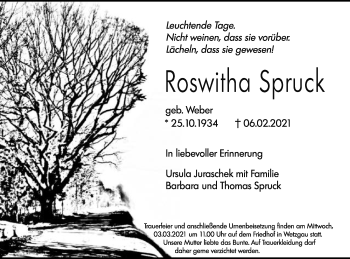 Traueranzeige von Roswitha Spruck von Gmünder Tagespost