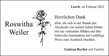 Traueranzeige von Roswitha Weiler von Gmünder Tagespost