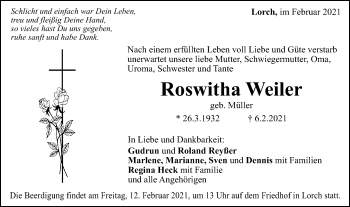 Traueranzeige von Roswitha Weiler von Gmünder Tagespost