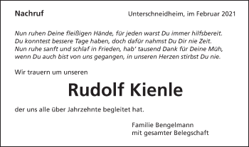 Traueranzeige von Rudolf Kienle von Schwäbische Post