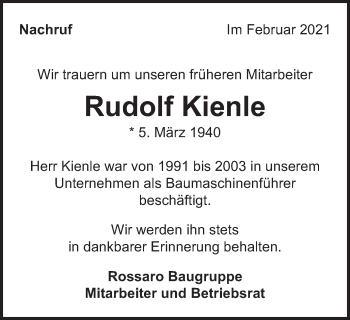 Traueranzeige von Rudolf Kienle von Schwäbische Post