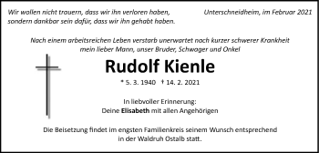 Traueranzeige von Rudolf Kienle von Schwäbische Post