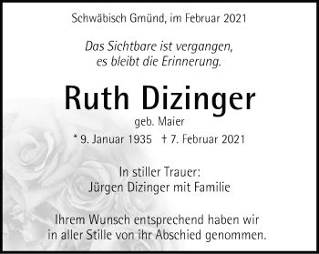 Traueranzeige von Ruth Dizinger von Gmünder Tagespost