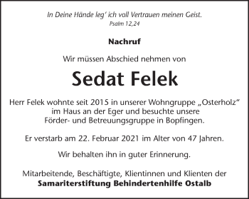 Traueranzeige von Sedat Felek von Schwäbische Post