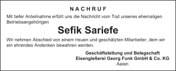 Traueranzeige von Sefik Sariefe von Schwäbische Post