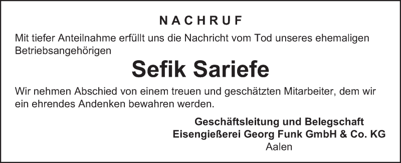  Traueranzeige für Sefik Sariefe vom 17.02.2021 aus Schwäbische Post