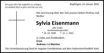Traueranzeige von Sylvia Eisenmann von Schwäbische Post
