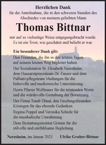 Traueranzeige von Thomas Bittnar von Schwäbische Post