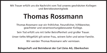 Traueranzeige von Thomas Rossmann von Schwäbische Post