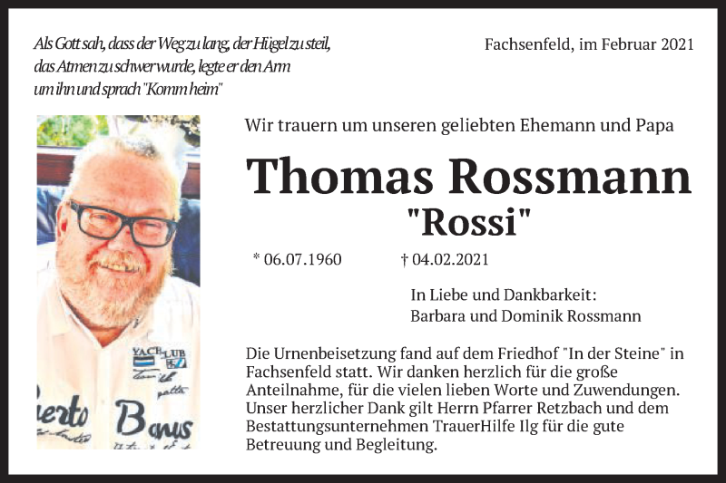  Traueranzeige für Thomas Rossmann vom 20.02.2021 aus Schwäbische Post