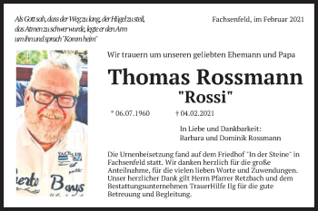 Traueranzeige von Thomas Rossmann von Schwäbische Post