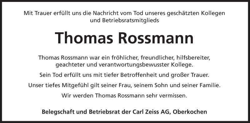  Traueranzeige für Thomas Rossmann vom 20.02.2021 aus Schwäbische Post
