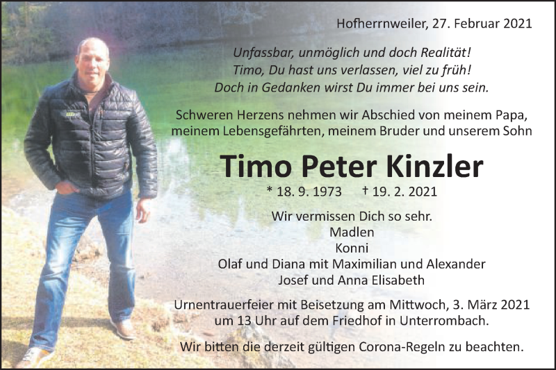  Traueranzeige für Timo Peter Kinzler vom 27.02.2021 aus Schwäbische Post