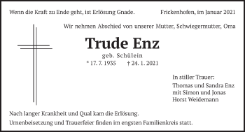 Traueranzeige von Trude Enz von Gmünder Tagespost
