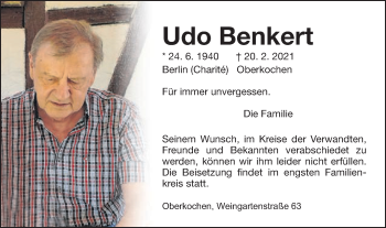 Traueranzeige von Udo Benkert von Schwäbische Post