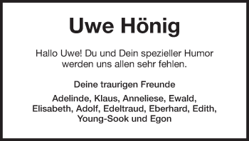 Traueranzeige von Uwe Hönig von Schwäbische Post