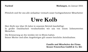 Traueranzeige von Uwe Kolb von Gmünder Tagespost