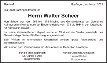 Traueranzeige von Walter Scheer von Bopfinger Stadtanzeiger