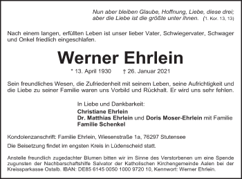 Traueranzeige von Werner Ehrlein von Schwäbische Post