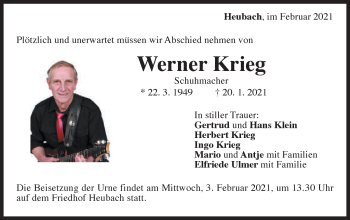 Traueranzeige von Werner Krieg von Gmünder Tagespost