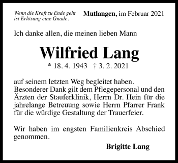Traueranzeige von Wilfried Lang von Gmünder Tagespost