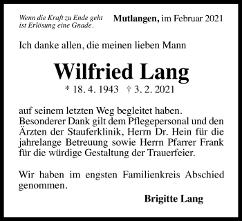 Traueranzeige von Wilfried Lang