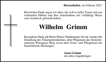 Traueranzeige von Wilhelm Grimm von Gmünder Tagespost