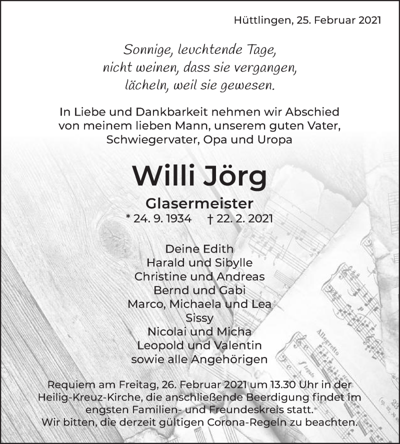 Traueranzeige für Willi Jörg vom 25.02.2021 aus Schwäbische Post