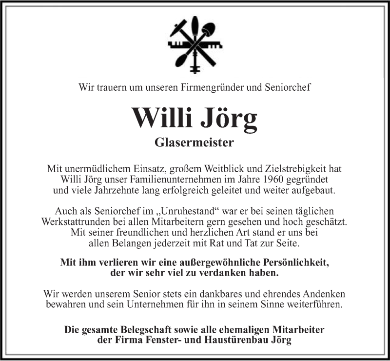  Traueranzeige für Willi Jörg vom 25.02.2021 aus Schwäbische Post