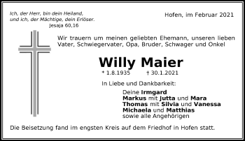 Traueranzeige von Willy Maier von Schwäbische Post