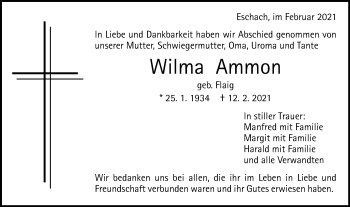 Traueranzeige von Wilma Ammon von Gmünder Tagespost