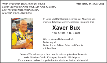 Traueranzeige von Xaver Bux von Schwäbische Post
