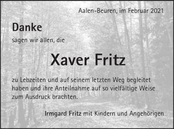 Traueranzeige von Xaver Fritz von Schwäbische Post