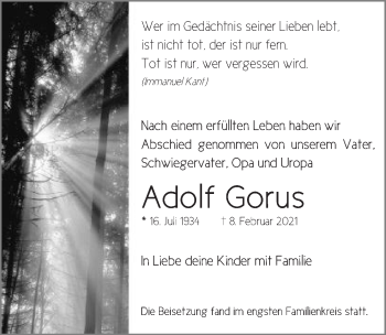 Traueranzeige von Adolf Gorus von Schwäbische Post