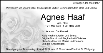 Traueranzeige von Agnes Haaf von Schwäbische Post