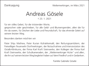 Traueranzeige von Andreas Gösele von Schwäbische Post