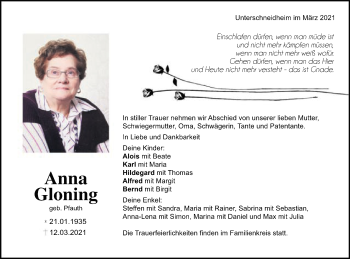 Traueranzeige von Anna Gloning von Schwäbische Post