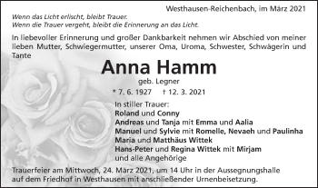 Traueranzeige von Anna Hamm von Schwäbische Post