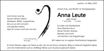 Traueranzeige von Anna Leute von Gmünder Tagespost