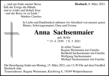 Traueranzeige von Anna Sachsenmaier von Gmünder Tagespost