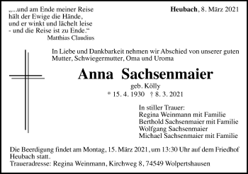 Traueranzeige von Anna Sachsenmaier