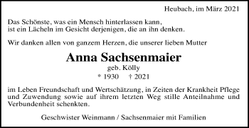 Traueranzeige von Anna Sachsenmaier