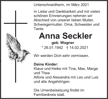 Traueranzeige von Anna Seckler von Schwäbische Post