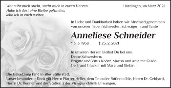 Traueranzeige von Anneliese Schneider von Schwäbische Post