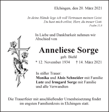 Traueranzeige von Anneliese Sorge von Schwäbische Post