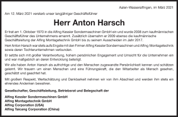 Traueranzeige von Anton Harsch von Schwäbische Post