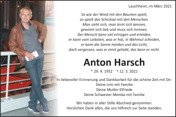 Traueranzeige von Anton Harsch von Schwäbische Post